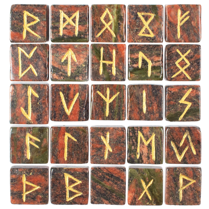 Unakite Runes Crystal Rune Stones Set 25Pcs Elder futhark Viking Gemstone Reiki Healing Golden Engraved Runic Alphabets Divination Meditation Spiritual Gifts for Women Witchcraft Supplies