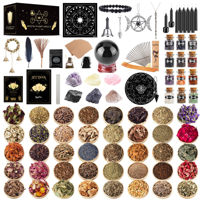 SHYSHINY Wiccan Supplies and Tools for Protection 130Pack Witchcraft Supplies Witchy Gift for Beginners Dried Herbs Crystals Candles Witch Starter Spell Kit