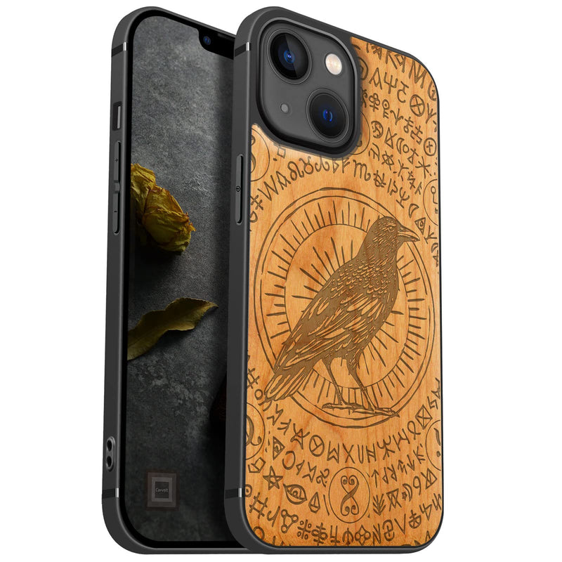 Carveit Magnetic Wood Case for iPhone 13 Mini Case [Natural Wood & Black Soft TPU] Shockproof Protective Cover Unique & Classy Wooden Case Compatible with magsafe (Witchcraft Raven -Cherry)