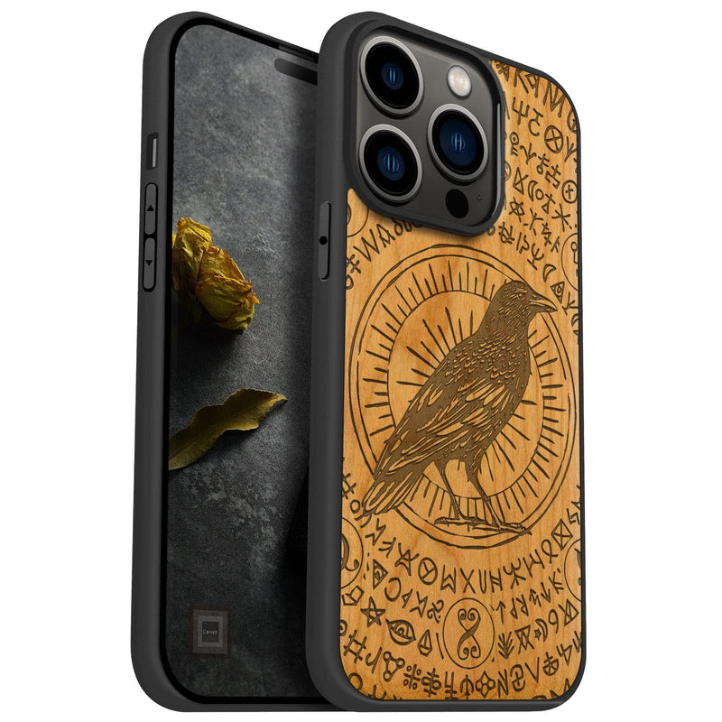 Carveit Magnetic Wood Case for iPhone 14 Pro Case [Natural Wood & Black Soft TPU] Shockproof Protective Cover Unique & Classy Wooden Case Compatible with magsafe (Witchcraft Raven -Cherry)