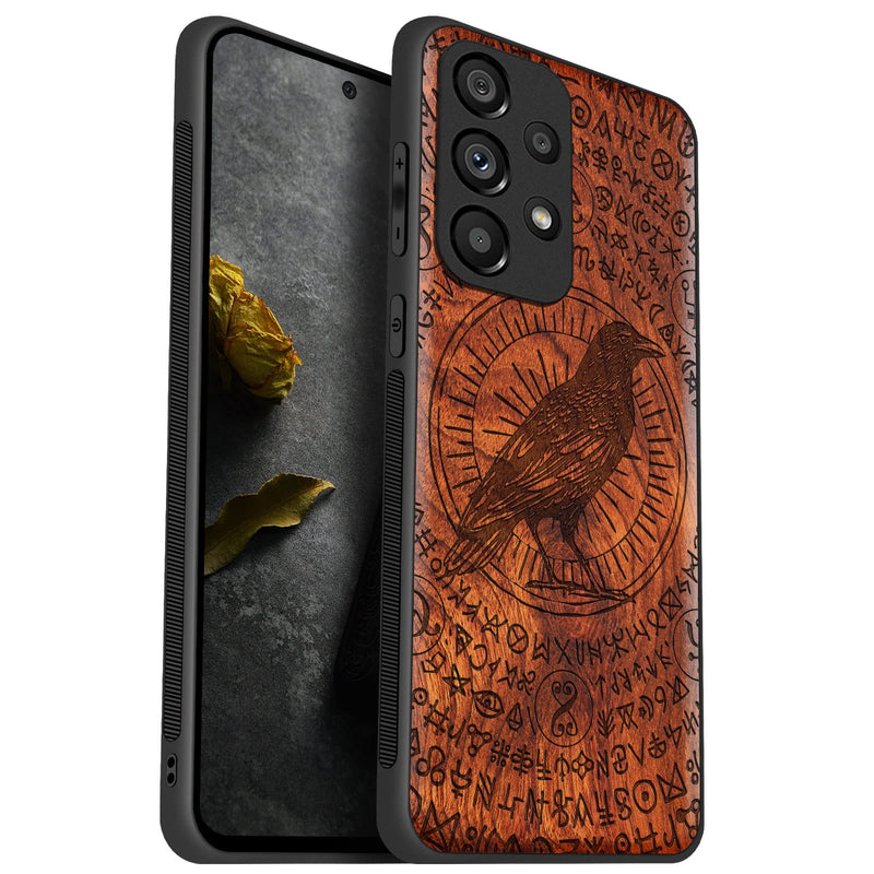 Carveit Wood Case for Samsung Galaxy A53 5G Case [Natural Wood & Black Soft TPU] Shockproof Protective Cover Unique & Classy Wooden Case Compatible with Galaxy A53 5G Case (Witchcraft Raven-Red Wood)