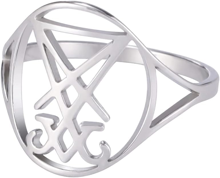 UNIFT Sigil of Lucifer Rings for Men Women Stainless Steel Gothic Church of Luciferian Occult Devil Seal Symbol Ring Satanas Amulet Jewelry (10 silver)