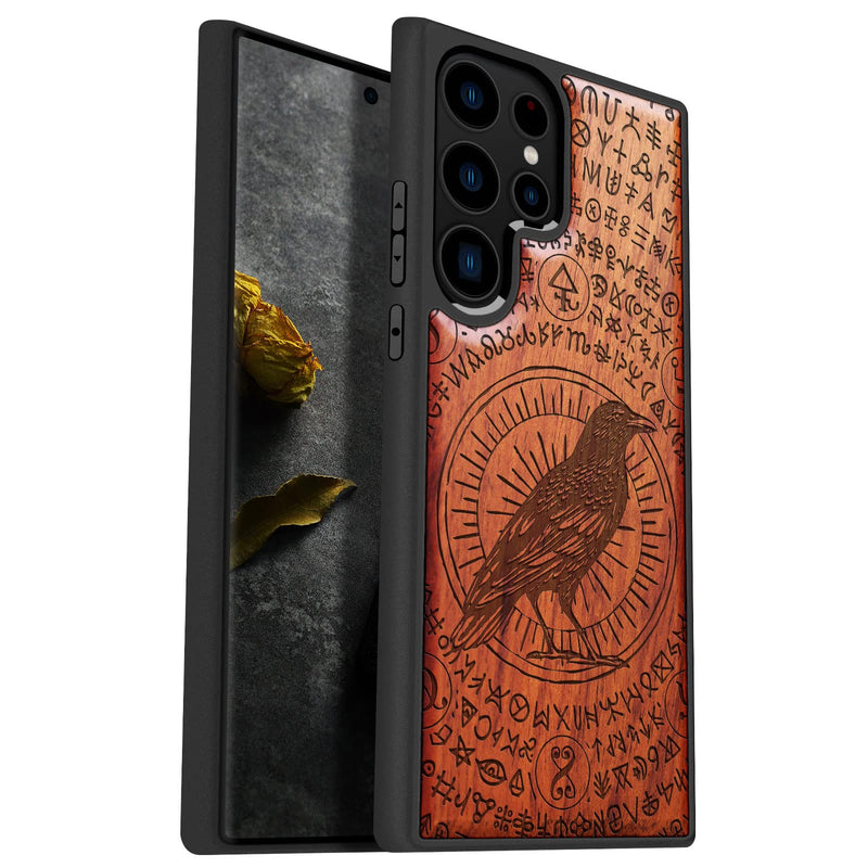 Carveit Wood Case for Galaxy S23 Ultra Case 2023 [Natural Wood & Black Soft TPU] Shockproof Protective Cover Unique & Classy Wooden Case Compatible with Samsung S23 Ultra (Witchcraft Raven-Red Wood)