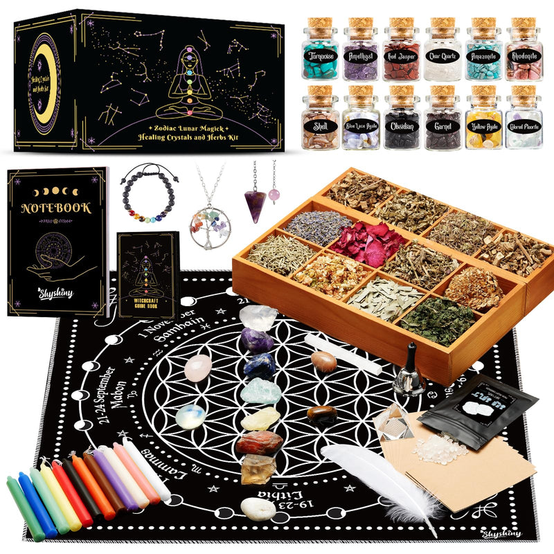 Witchcraft Supplies Kit 80Pack Witch Starter Kit Wiccan Supplies and Tools Witchy Gifts for Beginners Spell Candles Chakra Healing Crystals and Dried Herbs for Zodiac and Lunar Magick